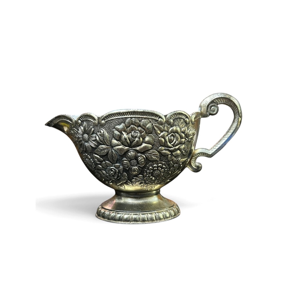 Silver Over Porcelain Embossed Floral Ornate Open Sugar And Creamer Set VTG